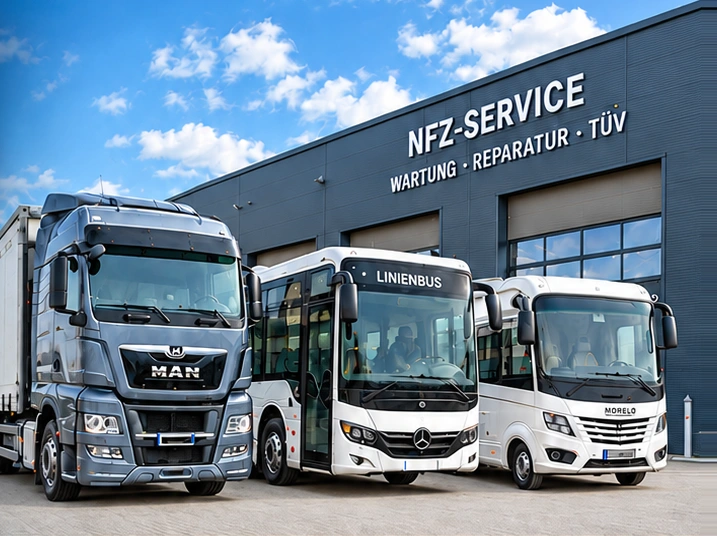 LKW, Linienbus und Reisemobil vor der NFZ-Service-Werkstatt – Motiv aus dem Flyer